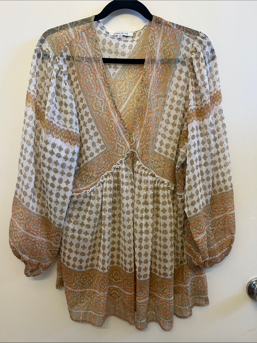 Rose & Olive Ivory Paisley Peasant Tunic with Rust & Sage Accents